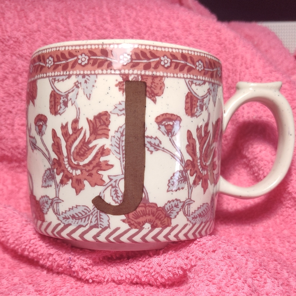 Anthropologie Speckled White Ceramic Mug with Pink Accents